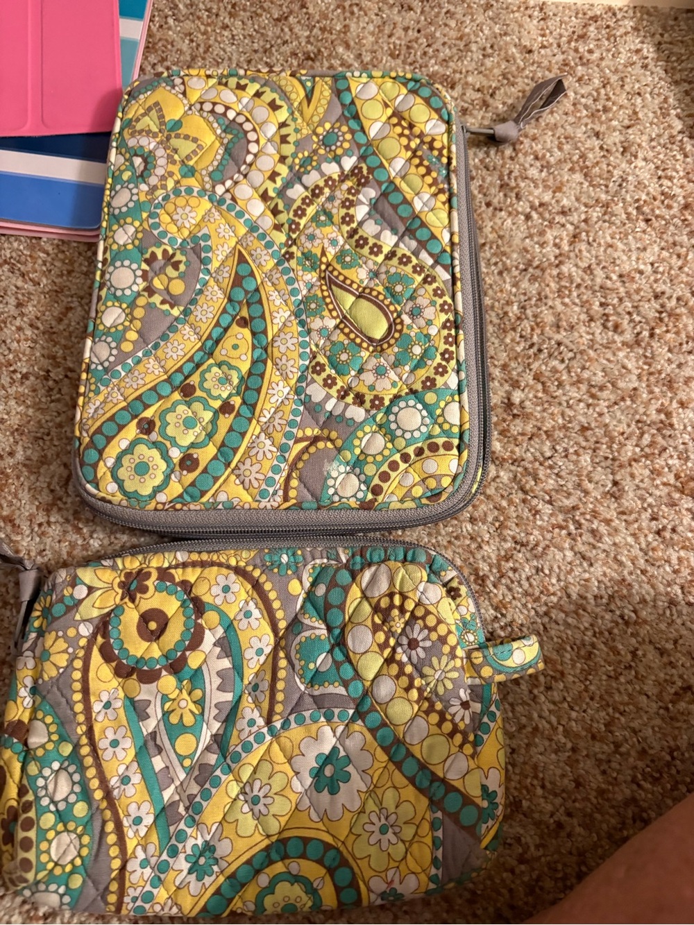 Quilted Paisley Zip Cosmetic Pouch in Yellow and Teal and e reader case
